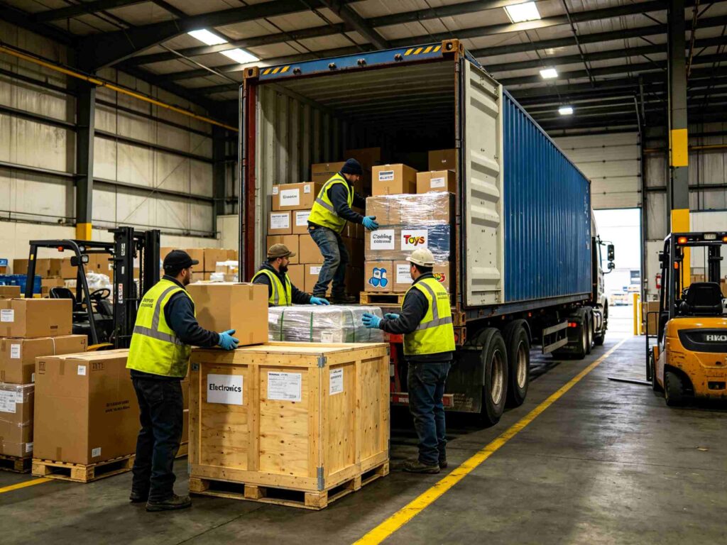 Workers consolidating cargo in a Yiwu warehouse, grouping items
