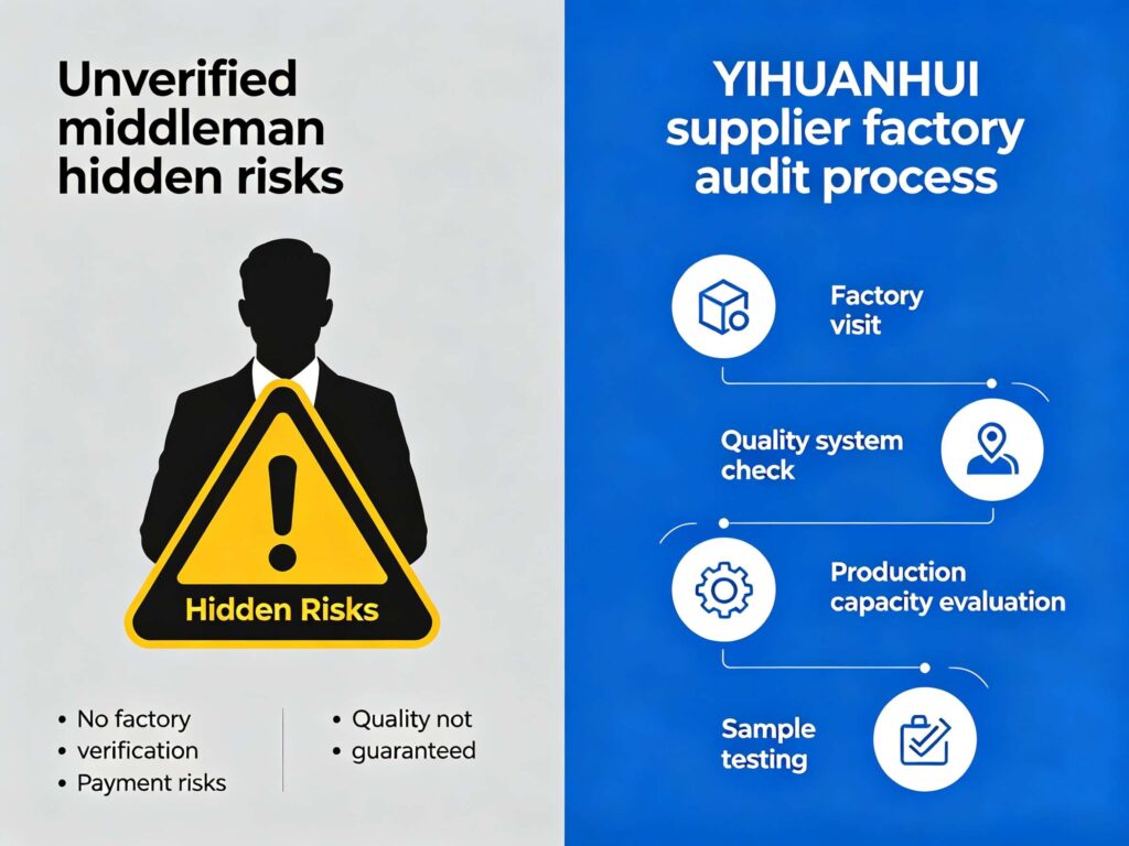 Supplier verification comparison infographic, risks of blind low-price sourcing vs professional YIHUANHUI factory audit service