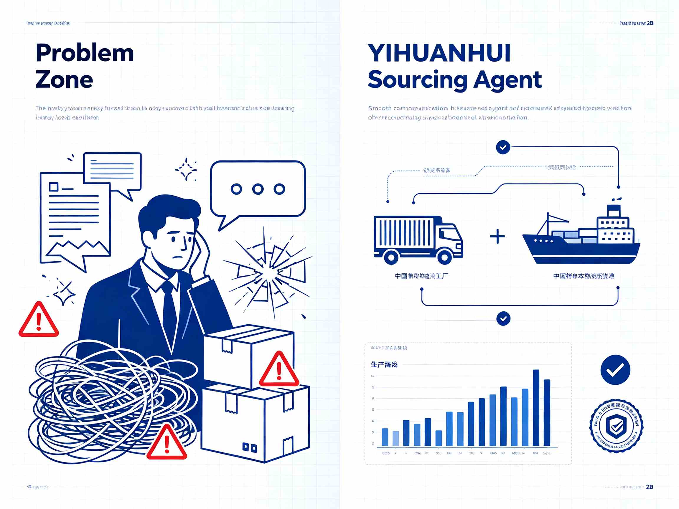 Split comparison infographic showing sourcing pain points without local agent vs smooth cross-border sourcing