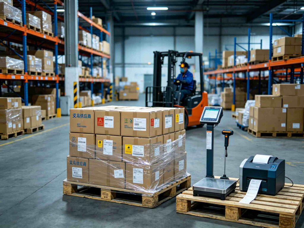 Warehouse operation photo showing YIHUANHUI staff sorting goods